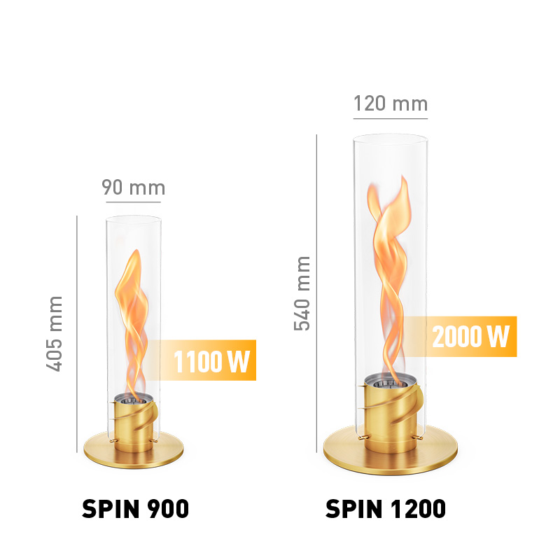 Illustrated is the size of the flame is shown in the image, with the SPIN 1200 Tabletop Fireplace gold.
