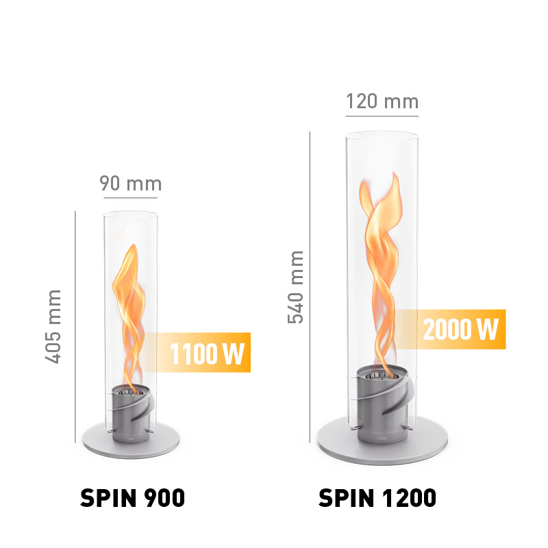 SPIN 1200 Tafelvuur grijs Een uitnodigende scène met de grootte van de vlam wordt getoond in de afbeelding, benadrukt door de aanwezigheid van de 00697 Spin 1200 Tavelvuur grijs.