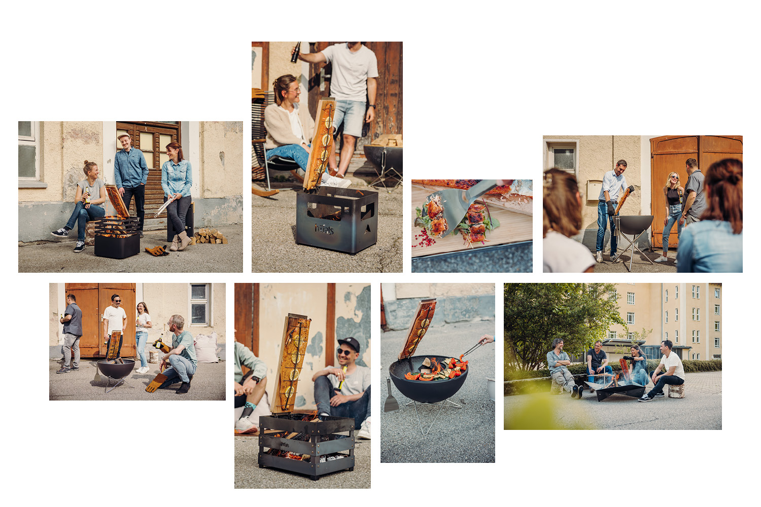 Eine Collage einer Gruppe von Menschen, die um ein Feuer sitzen.