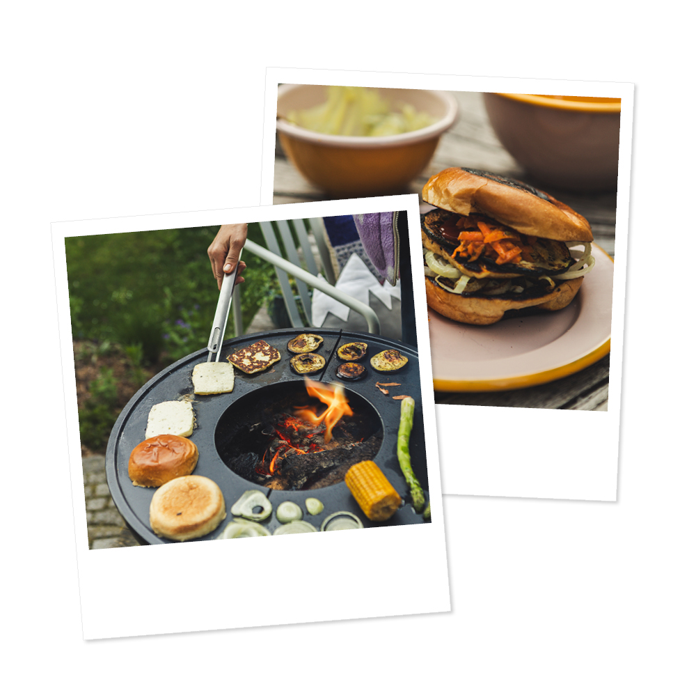 two pictures of a burger on a grill