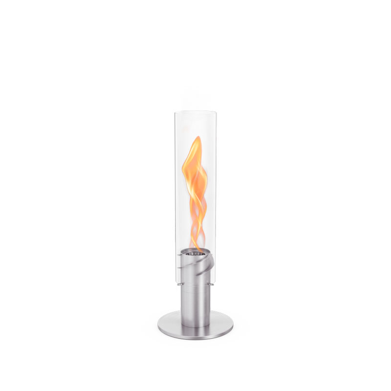 SPIN 900 Stand Elevation silver This image shows a small fire in a glass cylinder, with the SPIN 900 Stand Elevation silver.