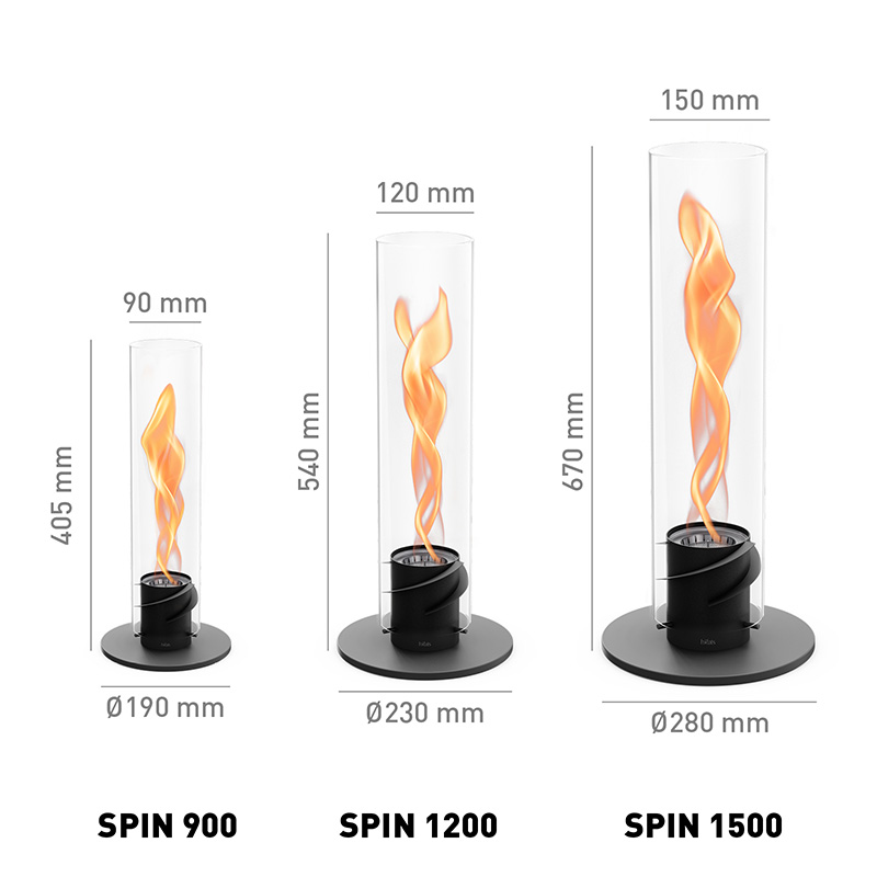 SPIN 1200 Tabletop Fireplace black Scene showing SPIN Tablefire flames are available in various sizes