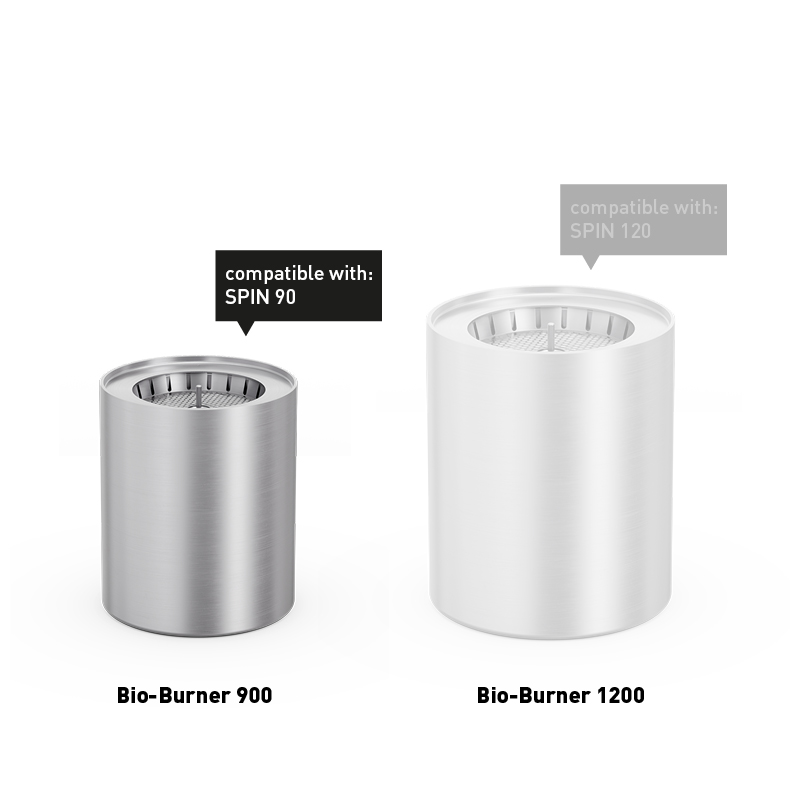 SPIN 900 Bio-Burner with Eco-Ring and Extinguishing Lid A depiction of a stainless steel cup, featuring the 00689 Spin 900 Bio Burner as a central and purposeful element.