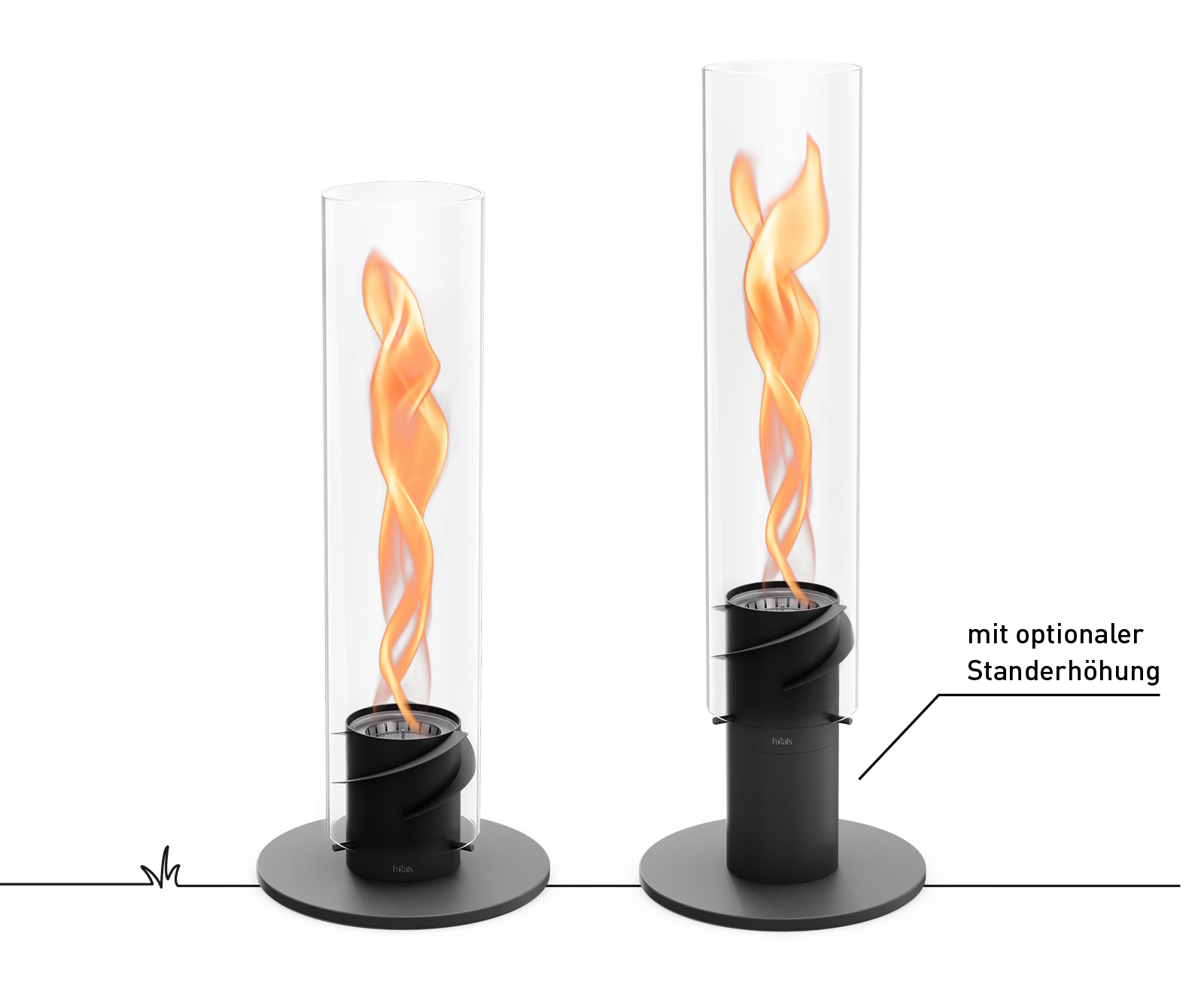 Die Flamme des SPIN 1500 Schwarz wird zusammen mit der Standhöhe für eine optimale Nutzung gezeigt.