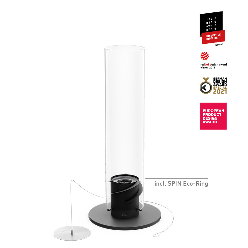 SPIN 1200 Tabletop Fireplace black An image showing the speaker is shown with a stand and a speaker, with the SPIN 1200 Tabletop Fireplace black.