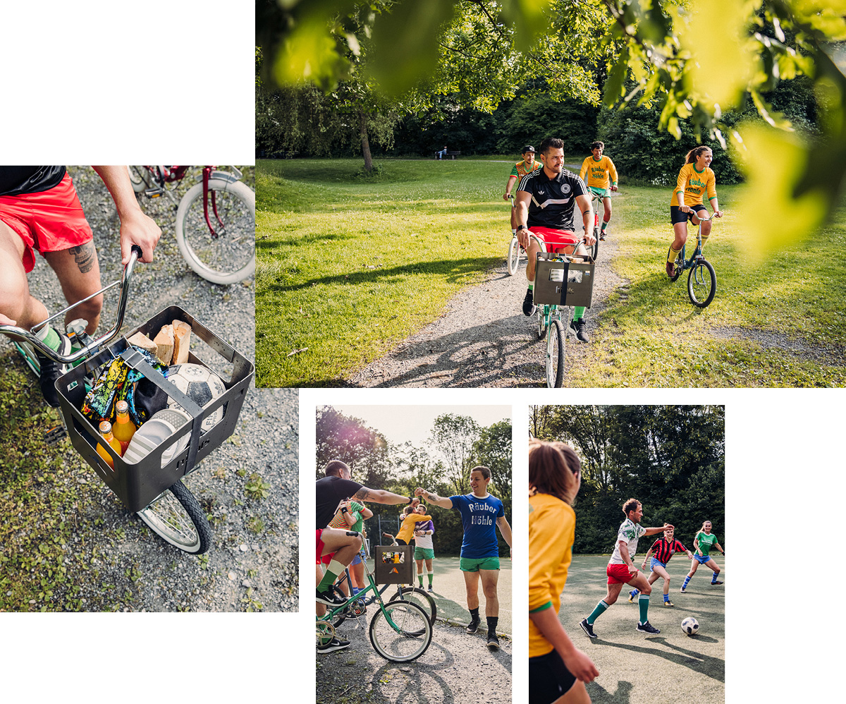 This image shows a group of people riding bikes on a path