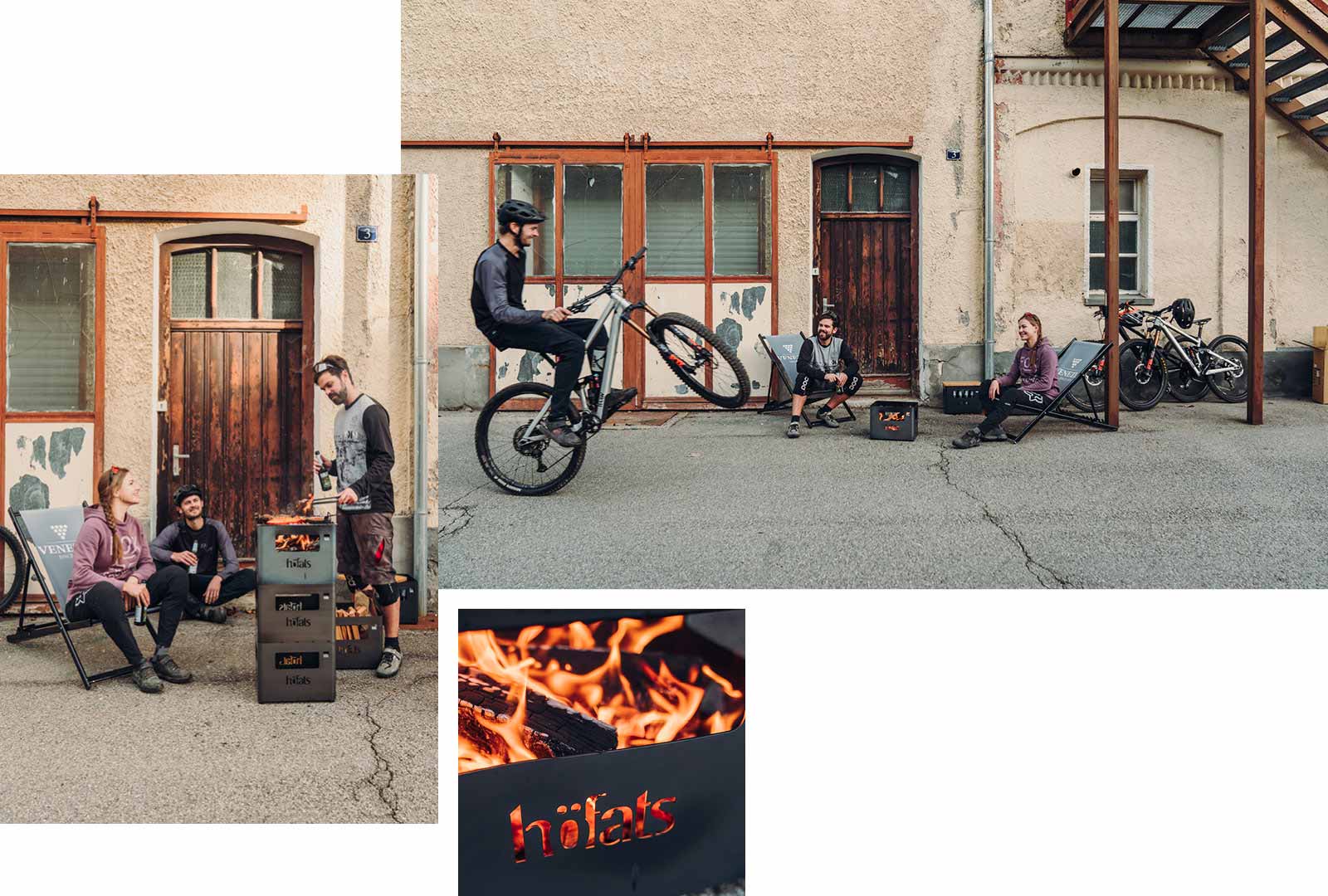 The photo presents a man jumping on a bike over a fire pit, with the BEER BOX Fire Basket.