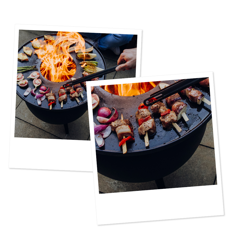 two pictures of a grill with meat and vegetables