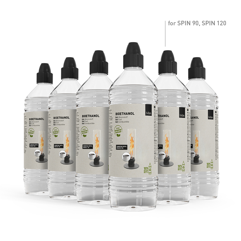 Scene showing a group of bottles of ethanol with a white background, where the 090801-6 Bioethanol Gel 6 Pack stands out for its practical elegance.