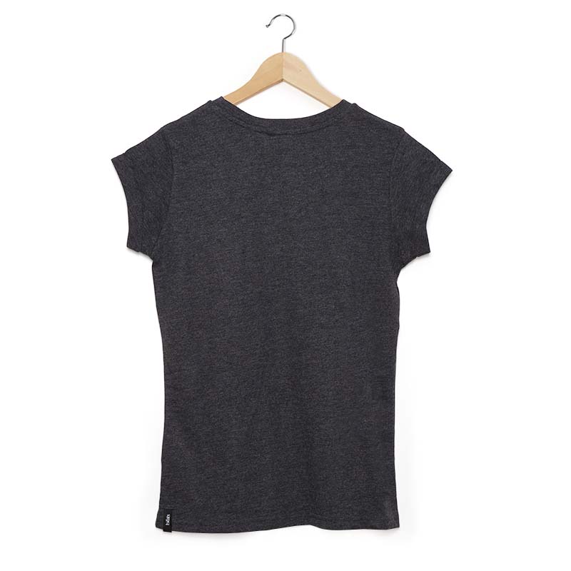 SHIRT Women grey L Depicted here is the back of a black t shirt with a white logo on it, with the SHIRT Women grey S.