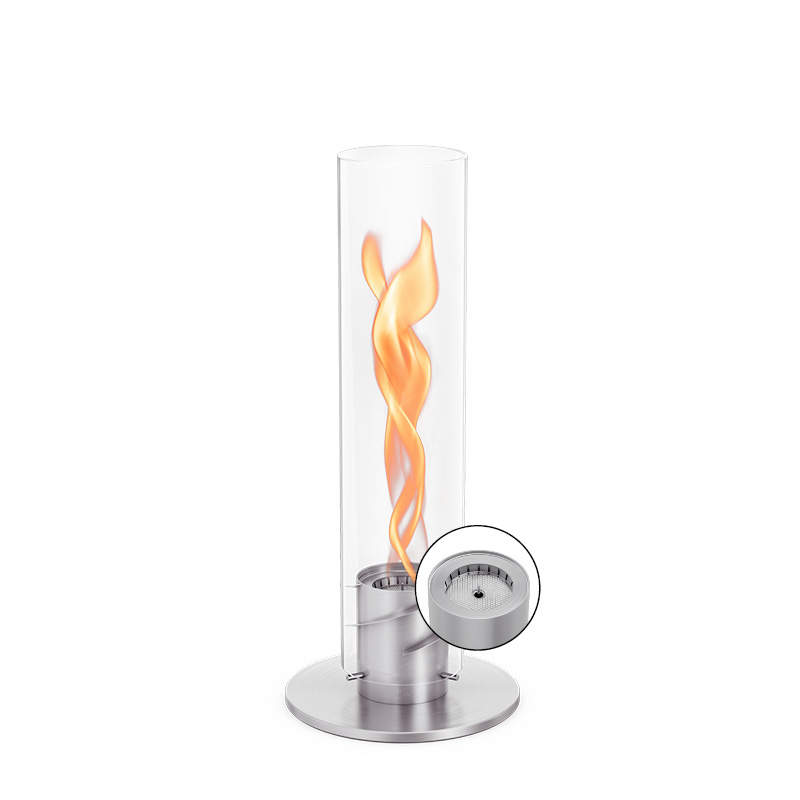 SPIN 1200 Tabletop Fireplace silver A depiction of a SPIN Tablefire with a metal stand, featuring the 00695 Spin 1200 Tablefire silver as a central and purposeful element.