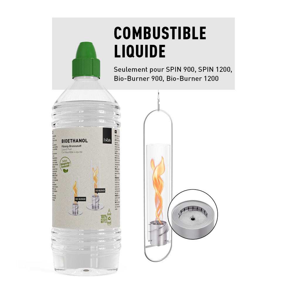 Une bouteille de bioéthanol liquide et un feu suspendu SPIN à côté