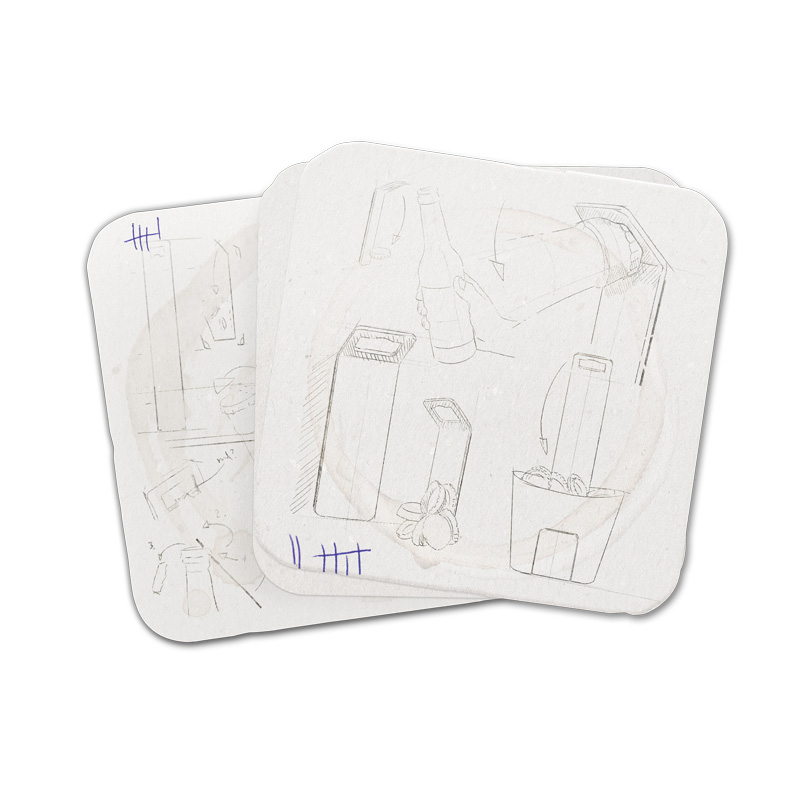 The photo presents a white coaster with a drawing of a woman, with the JOHNNY CATCH Cup.