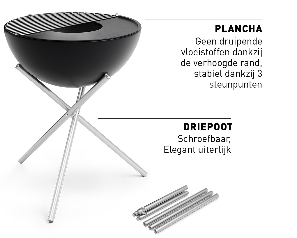 Een uitnodigende scène die de Bowl accessoires plancha en rooster laat zien.