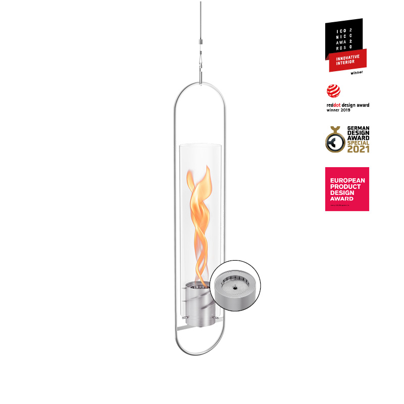 Scène montrant un tube de feu avec une flamme à l'intérieur, où le SPIN 1200 Feu Suspendu se distingue par son élégance pratique.