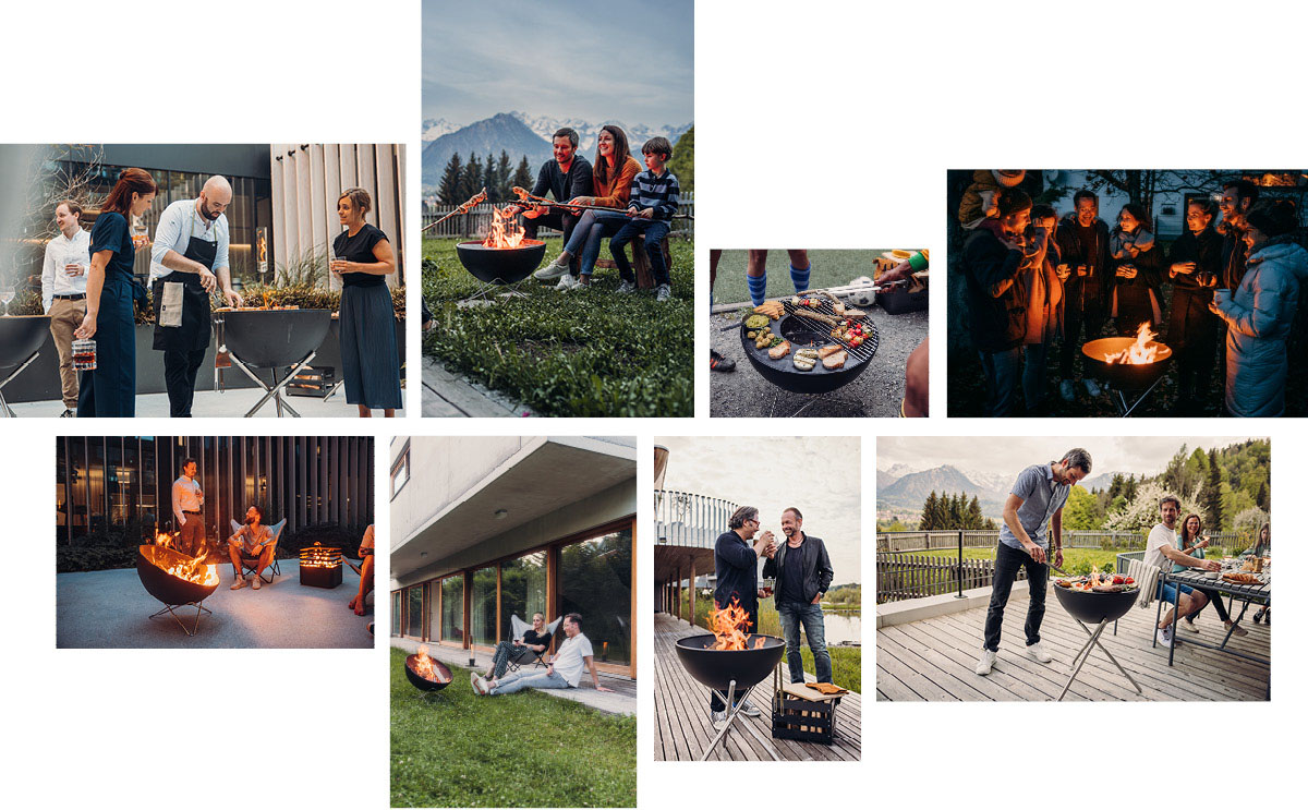 a collage of photos of people sitting around a fire pit.