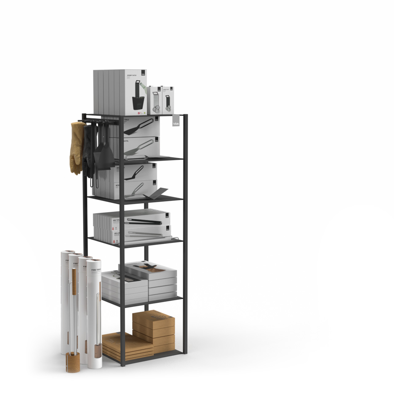 Een zwart metalen plank met een verscheidenheid aan barbecuebenodigdheden. Toont de PLANK GEREEDSCHAP.