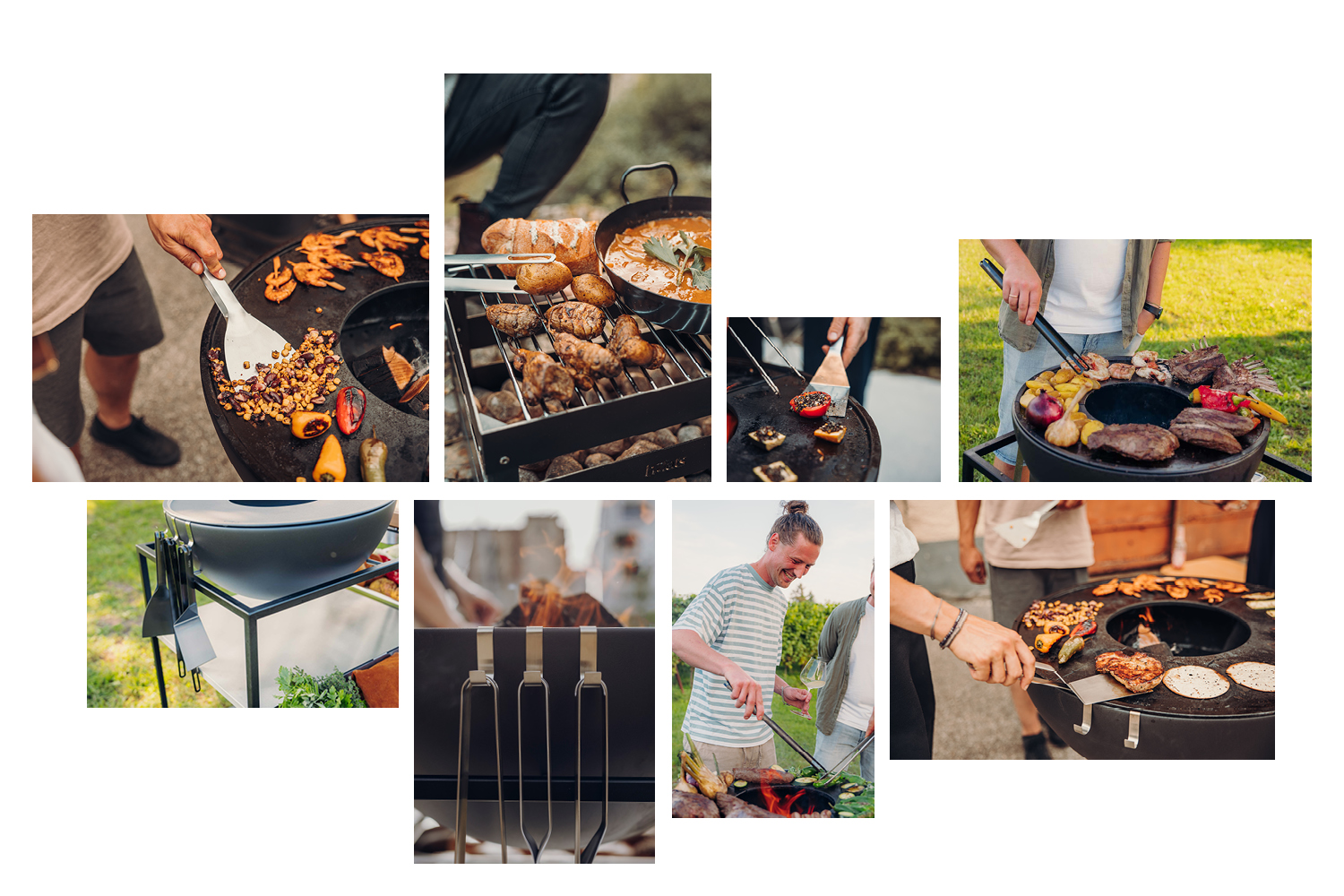 a collage of a man cooking food on a grill.