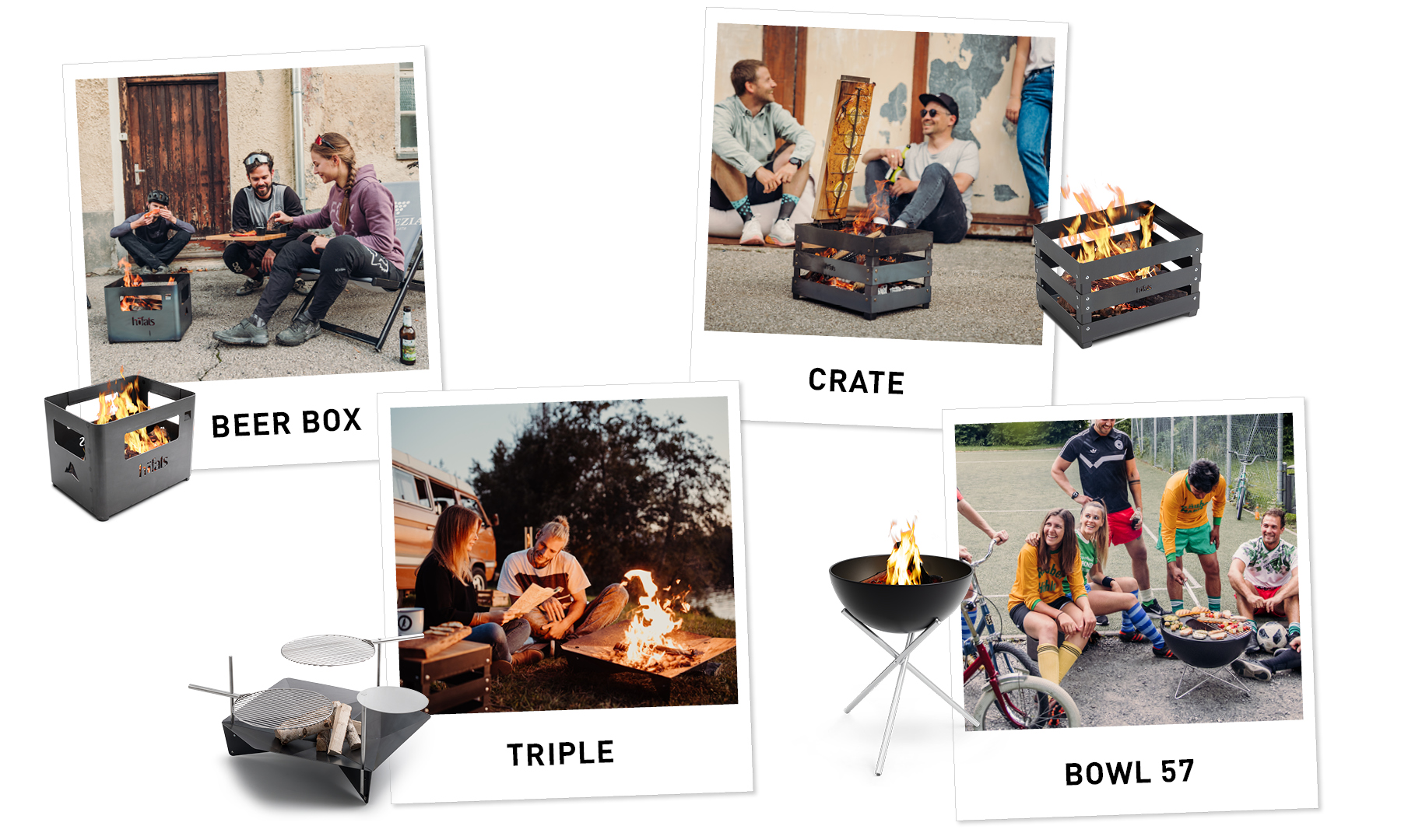 four pictures of people sitting around a fire