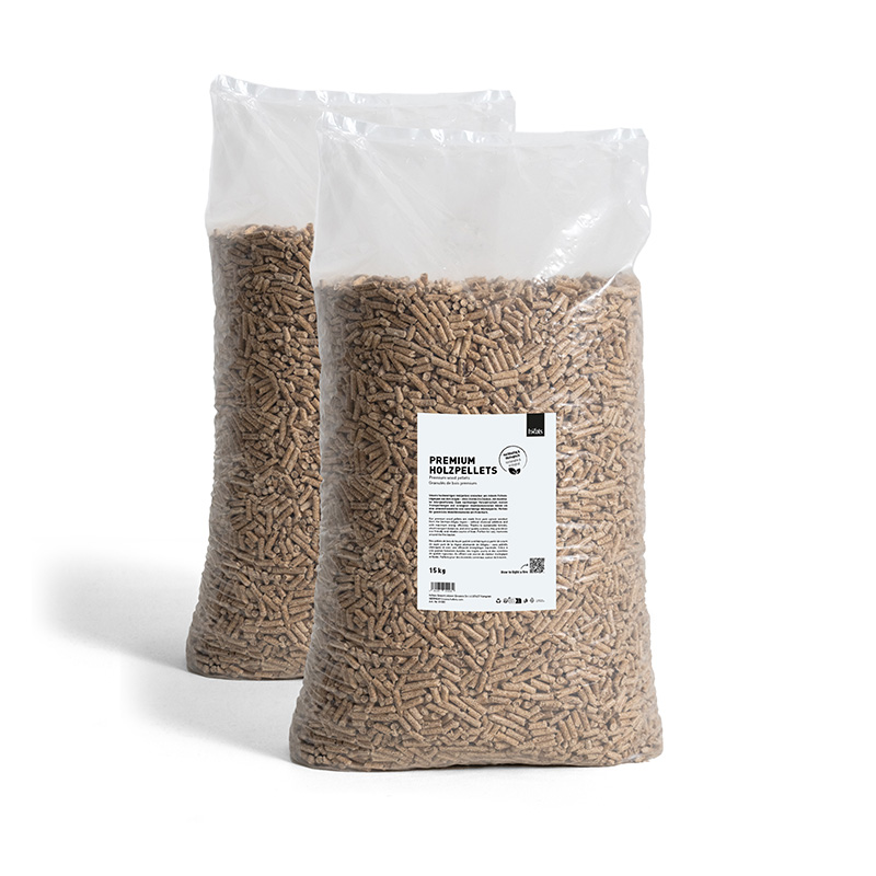 Premium Holzpellets 2x15kg Set Ein Beutel brauner Holzpellets, die die 01003 Premium Holzpellets zeigen
