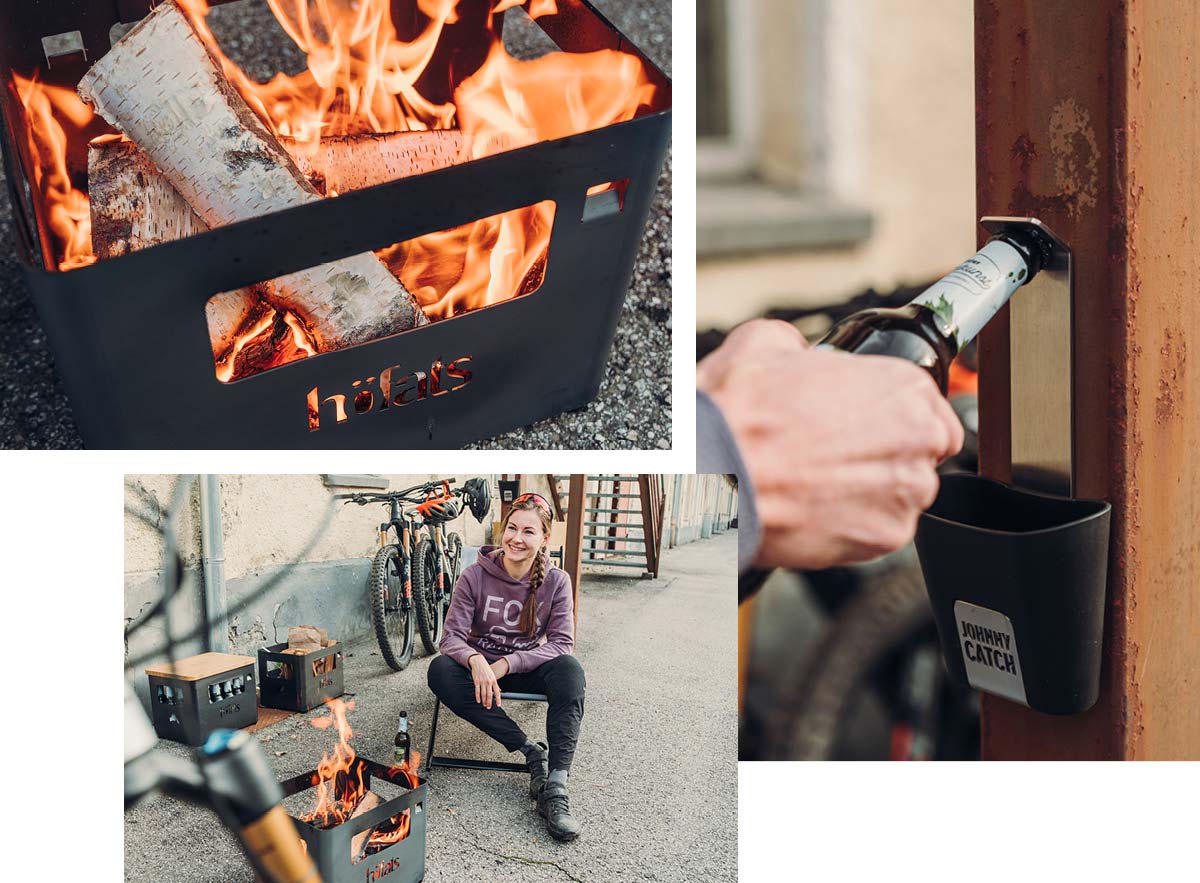 Sur l'image, une personne est assise près d'un feu et d'une bouteille de vin, avec le Brasero BEER BOX.