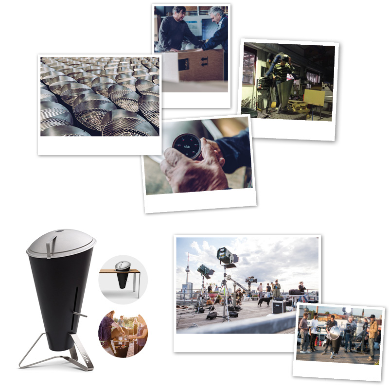 a collage of photos and a Cone charcoal grill, creating a stylish and accessible visual.