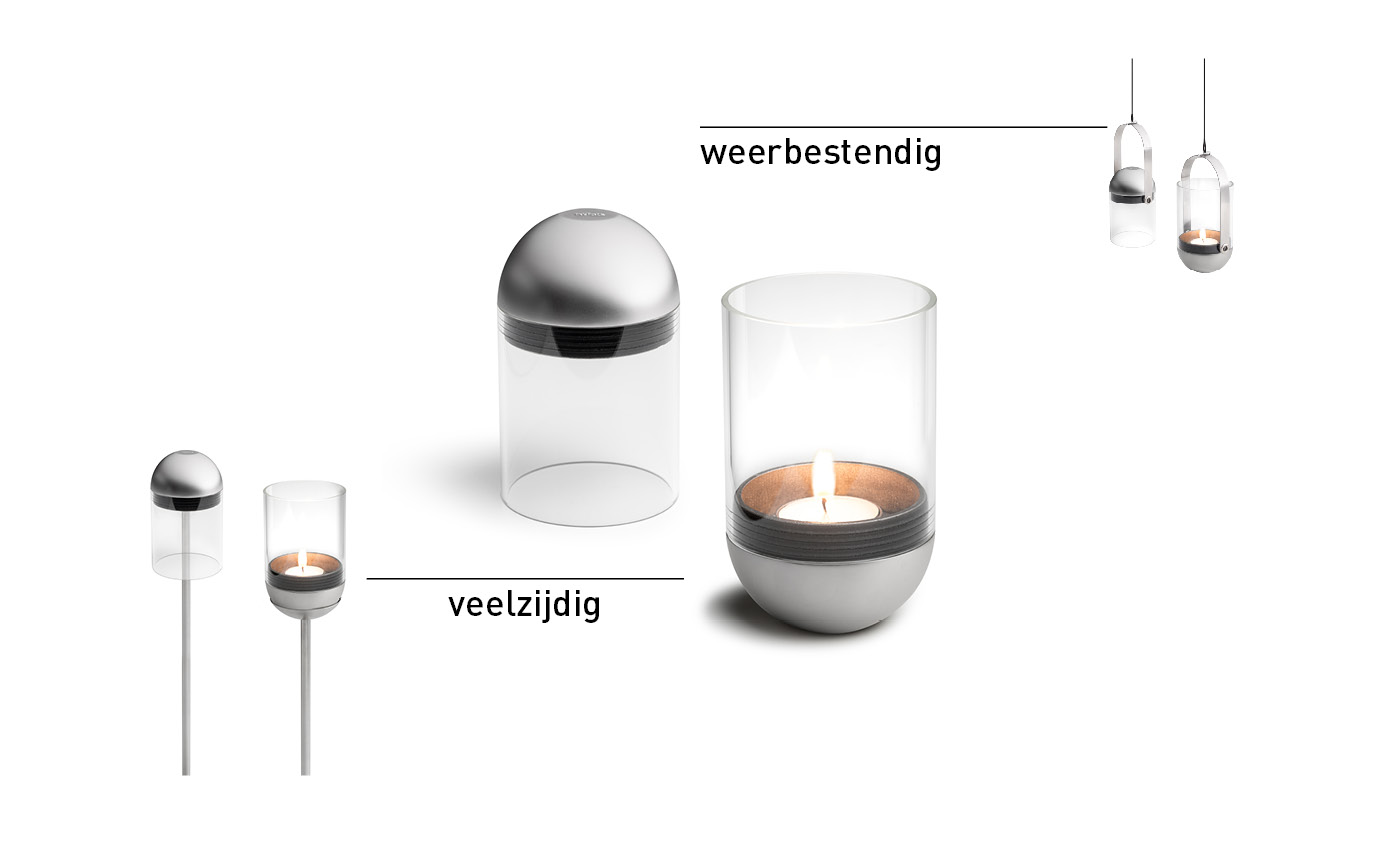De Gravity Candle wordt getoond als een kaarsenhouder met een kaars en een glazen cilinder, wat een stijlvol en toegankelijk beeld creëert.