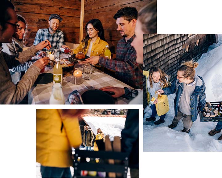 Illustrated is a collage of people enjoying a meal in the snow, with the CRATE Fire Basket.