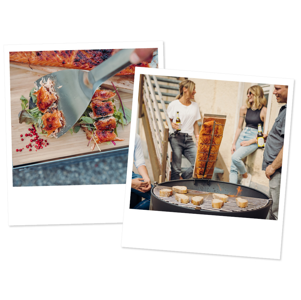 two pictures of people cooking food on a grill with the refined touch of the Flame-grilled salmon board.