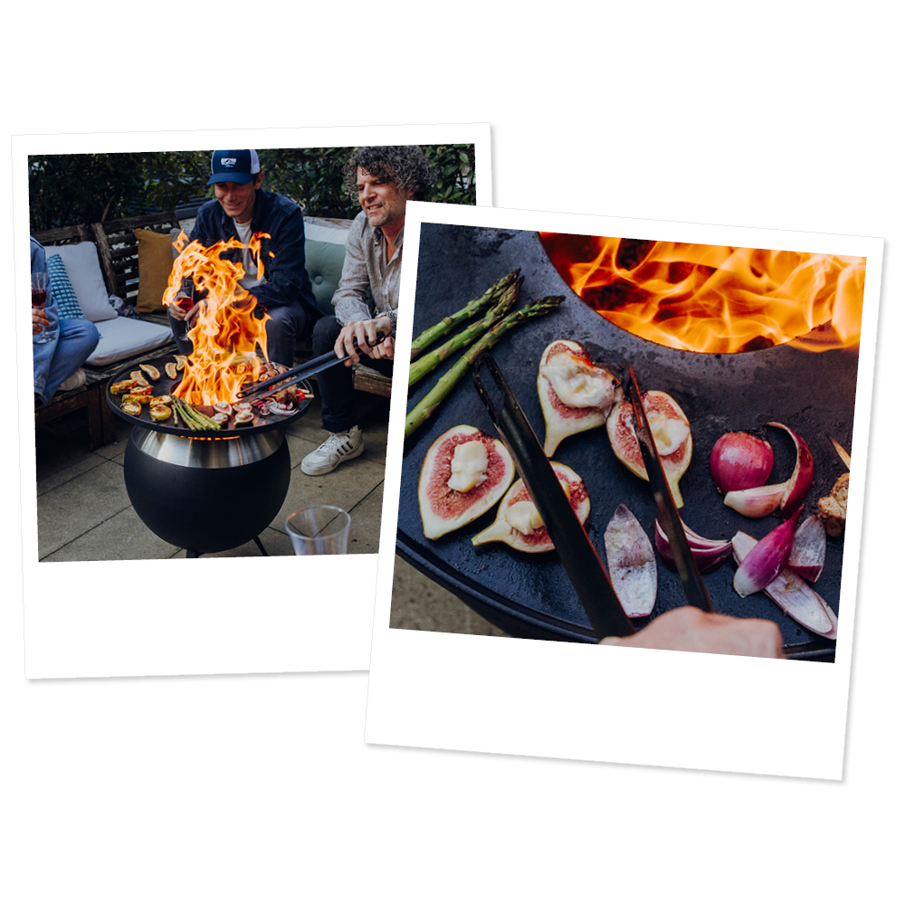 two pictures of a fire and a man sitting on a bench