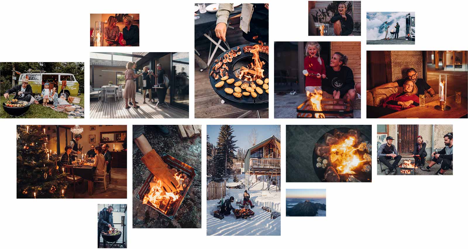 Dargestellt ist eine Collage von Fotos von Menschen um ein Feuer herum, mit dem FIRE STORIES 06 Magazin.