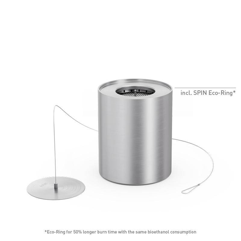 Bioethanol-Burner 1200 mit Eco-Ring und Löschdeckel Eine Darstellung des 1200 BioBurners und seines Deckels mit einem weißen Hintergrund