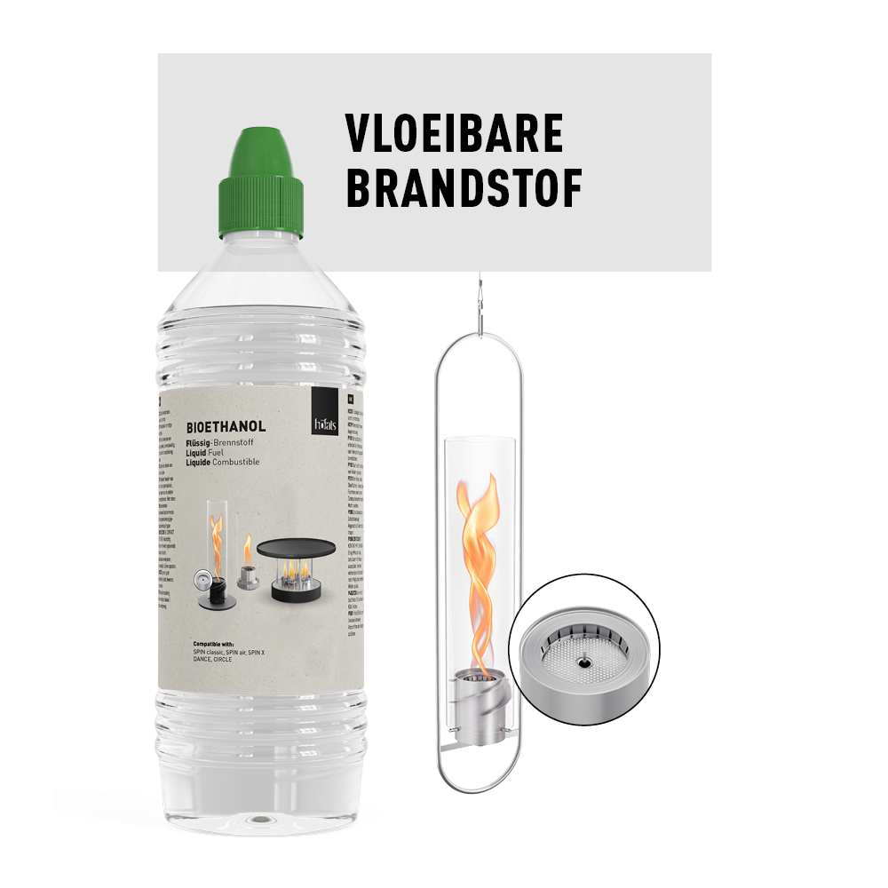 Scene met een fles ethanol en een SPIN Tavelvuur met vlam erin naast elkaar