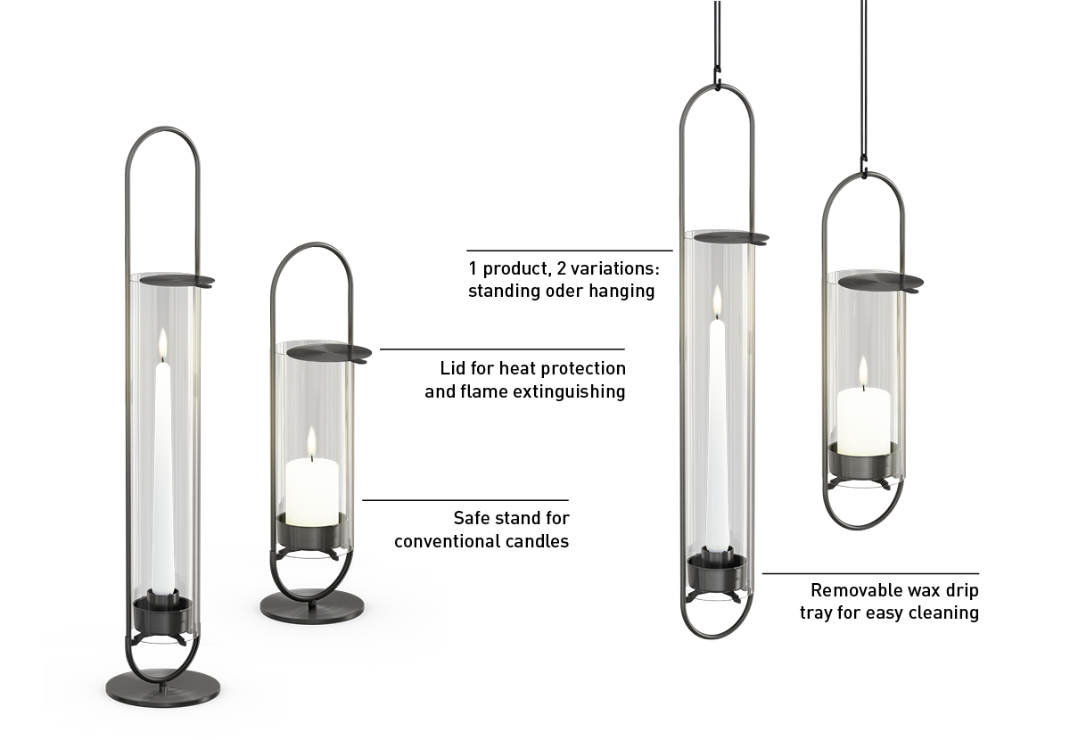 Experience the two different types of the OvalCandle light. With a Standing or hanging variant.