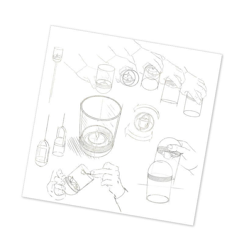 Dargestellt ist eine Zeichnung eines Glases mit einer Flasche und einer Flasche Flüssigkeit, mit dem LOGO GRAVITY CANDLE M90 Laterne.