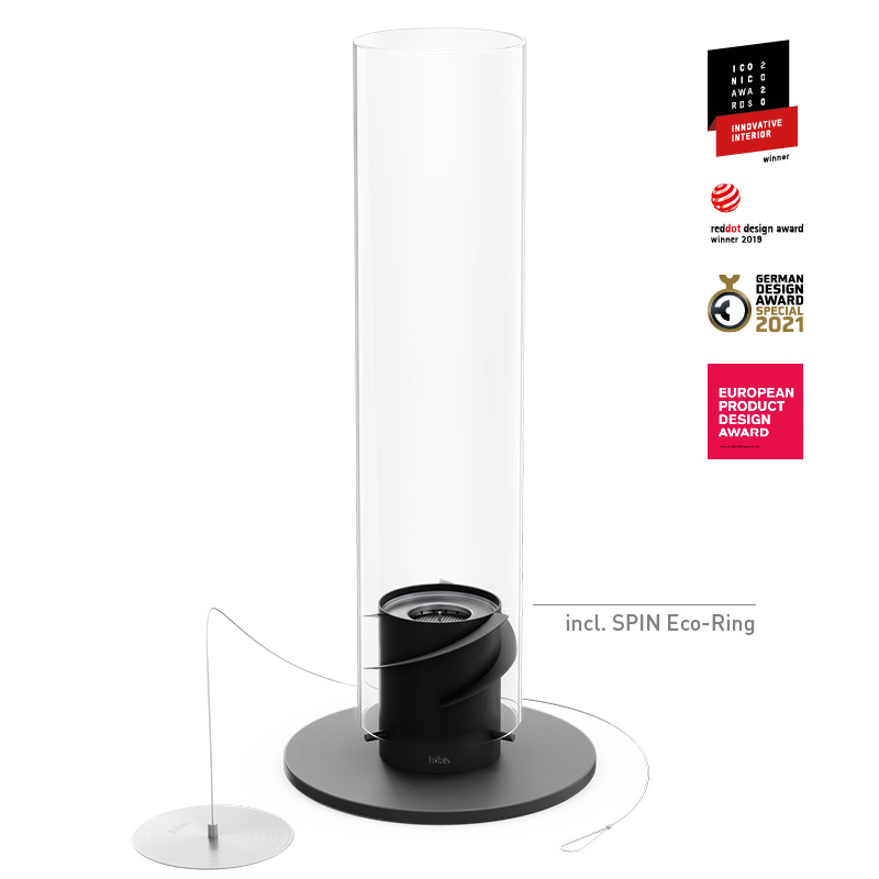 SPIN 1500 Tischfeuer schwarz Ein Bild zeigt den Glaszylinder mit einem schwarzen und einem weißen Fuß, mit dem SPIN 1500 Pedestal Kamin in Schwarz.