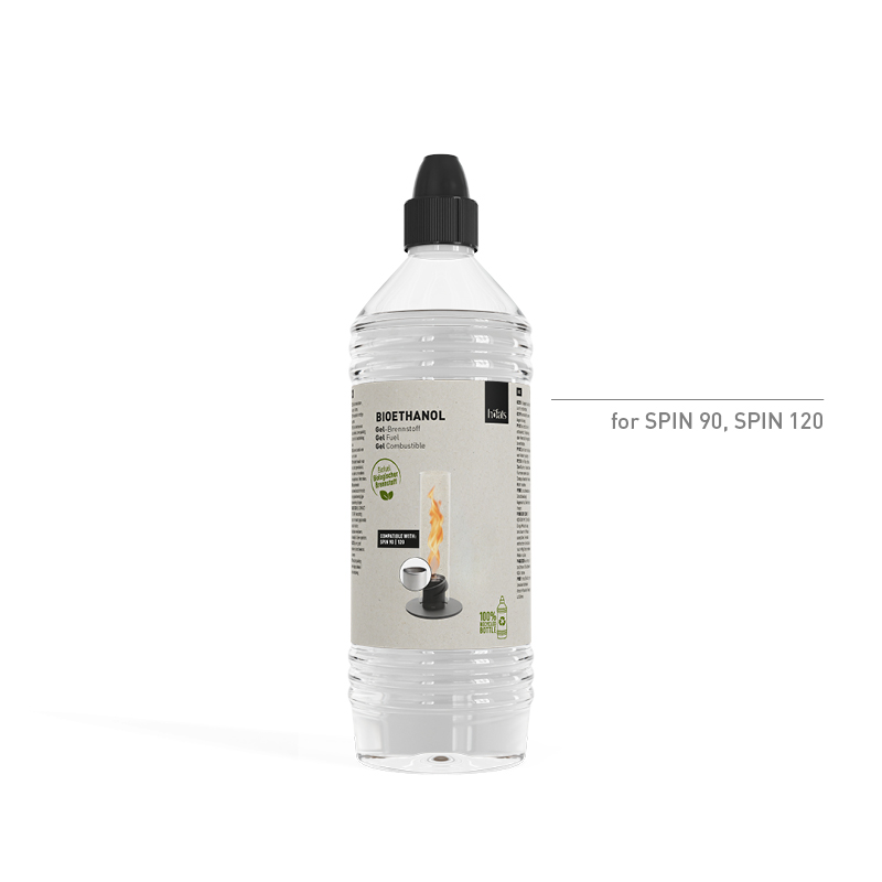 Bio-ethanol gelbrandstof 1l fles Een fles vloeistof met een zwarte dop, waarop de 1 liter fles Bio-ethanol Gel 090801 te zien is.