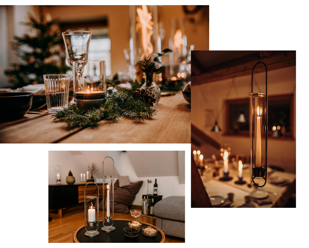 Eine Collage mit Kerzenhaltern, die Oval Candles und Gravity Candles zeigt.