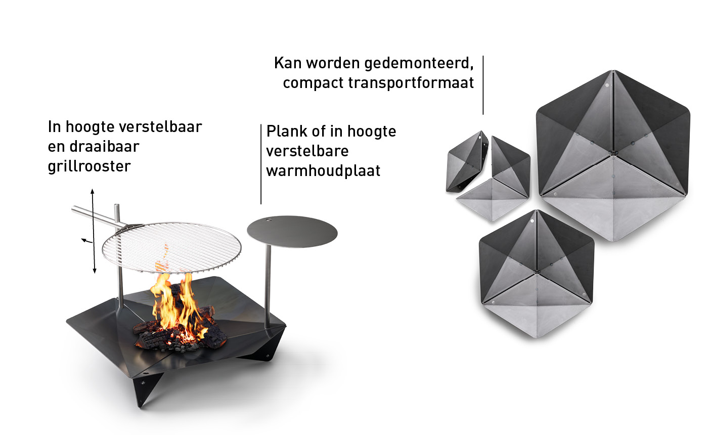 Een vuurplaats met een grote, driehoekige grill, de Triple Fireplace maakt het moment compleet met zijn doordachte ontwerp.