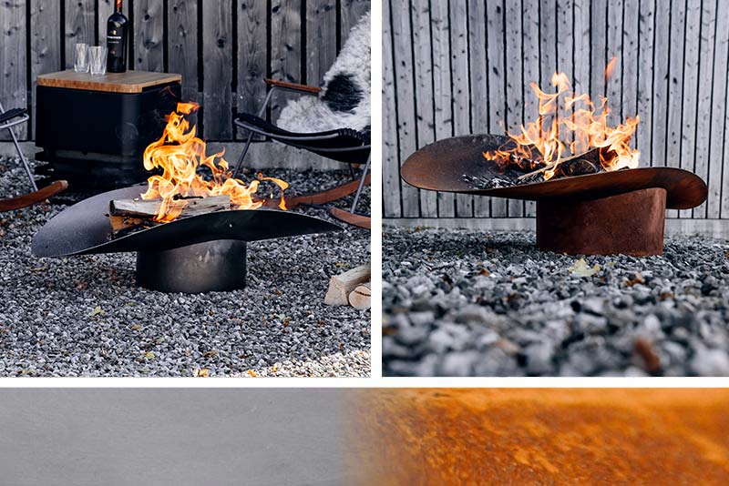 The Ellipse integrates seamlessly into the setting, with a fire pit with a fire in it.