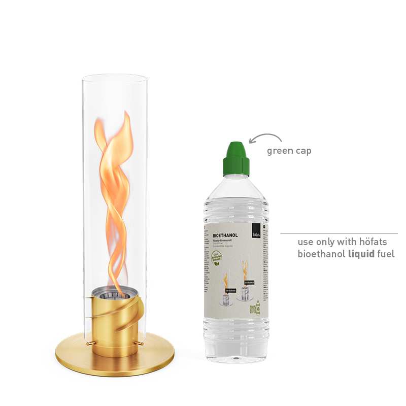 SPIN 1200 Tabletop Fireplace gold A white background with the 00699 Spin 1200 Tablefire gold and a bottle of bioethanol liquid