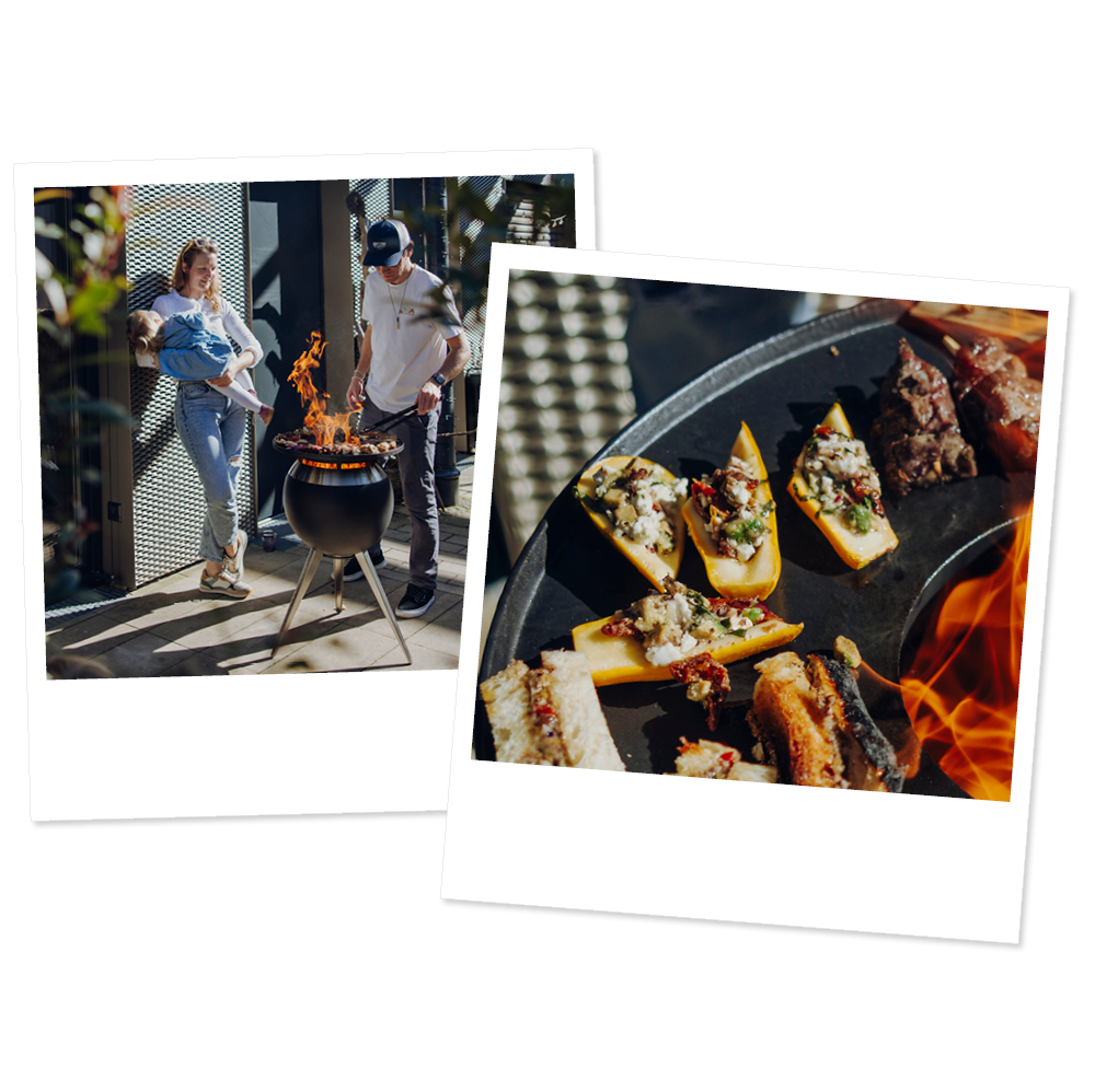 two pictures of people cooking food on a grill