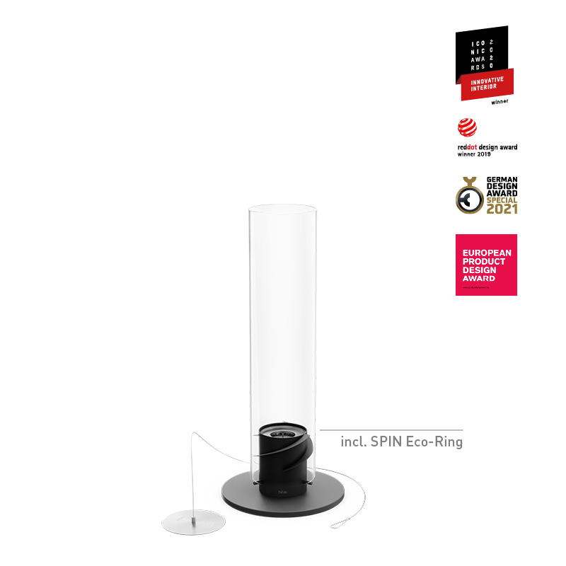 SPIN 900 Tischfeuer schwarz Abgebildet ist der Glasständer eine großartige Möglichkeit, Ihre Produkte mit dem Tischkamin SPIN 900 in Schwarz zu präsentieren.