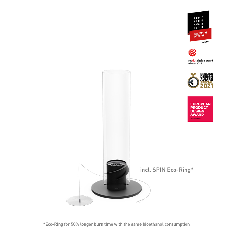 SPIN classic 900 Tischfeuer schwarz Abgebildet ist der Glasständer eine großartige Möglichkeit, Ihre Produkte mit dem Tischkamin SPIN 900 in Schwarz zu präsentieren.
