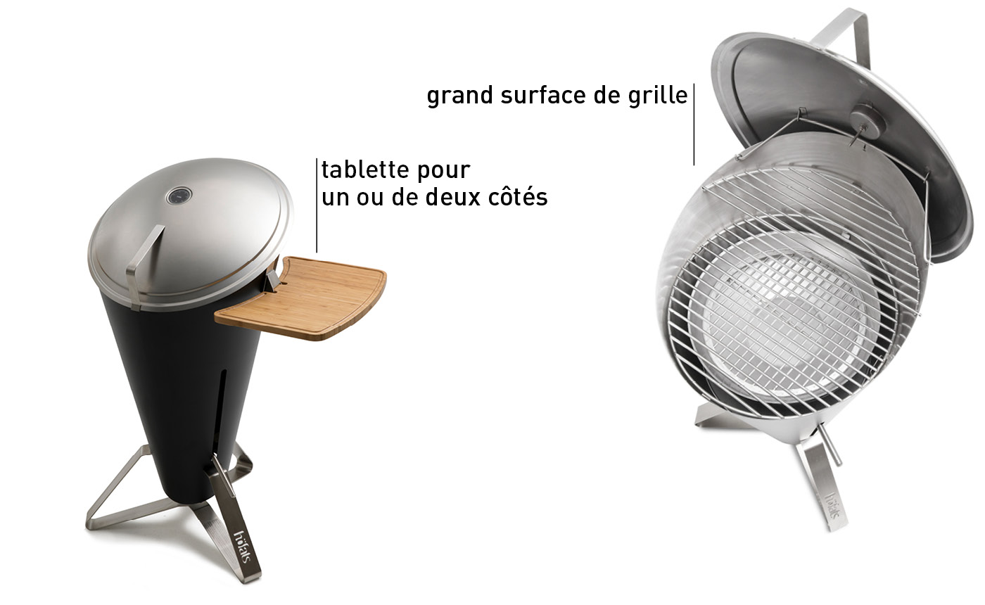 Une image montrant un barbecue noir dans une chambre, avec le barbecue au charbon de bois CONE.
