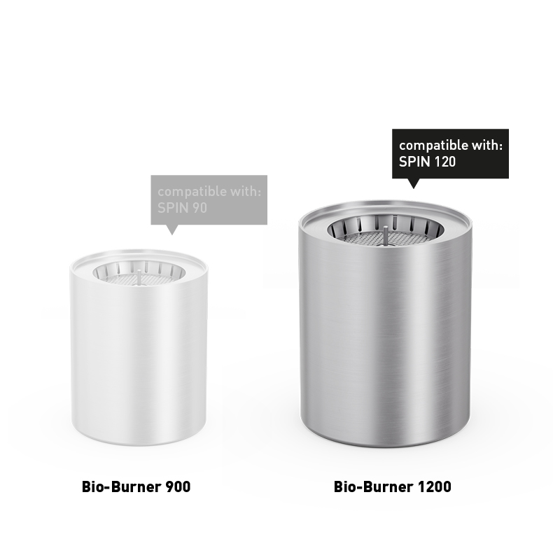 SPIN 1200 Bio-Burner with Eco-Ring and Extinguishing Lid A depiction of a stainless steel cup, featuring the 00696 Spin 1200 Bio Burner as a central and purposeful element.