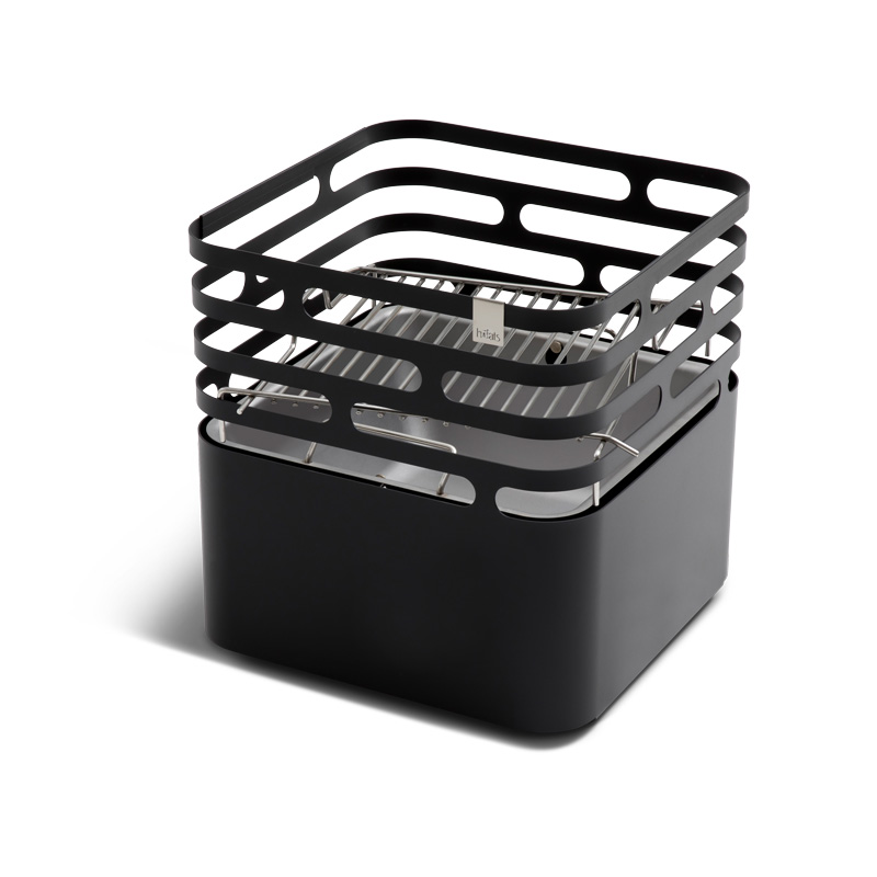 a black steel grill with grid inside on white background, the Cube BBQ Set