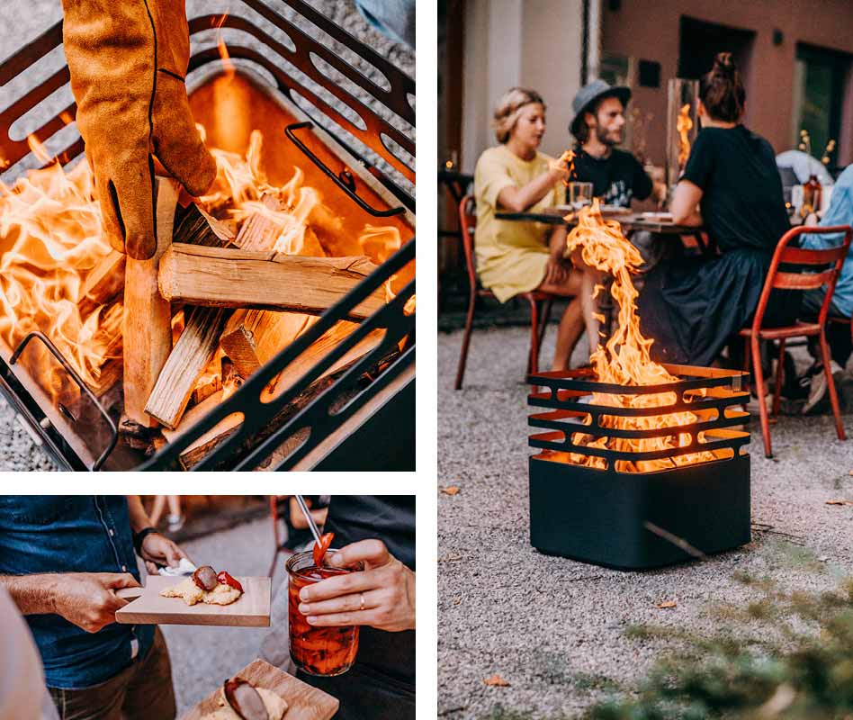 La photo présente un collage d'un homme faisant Griller des guimauves sur un feu, avec la valeur totale de réduction.