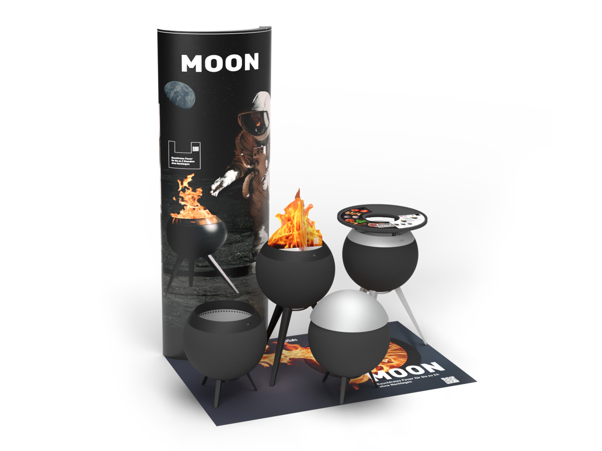 Ein Bild von den verschiedenen MOON Varianten und Zubehör auf einer Präsentationsfläche