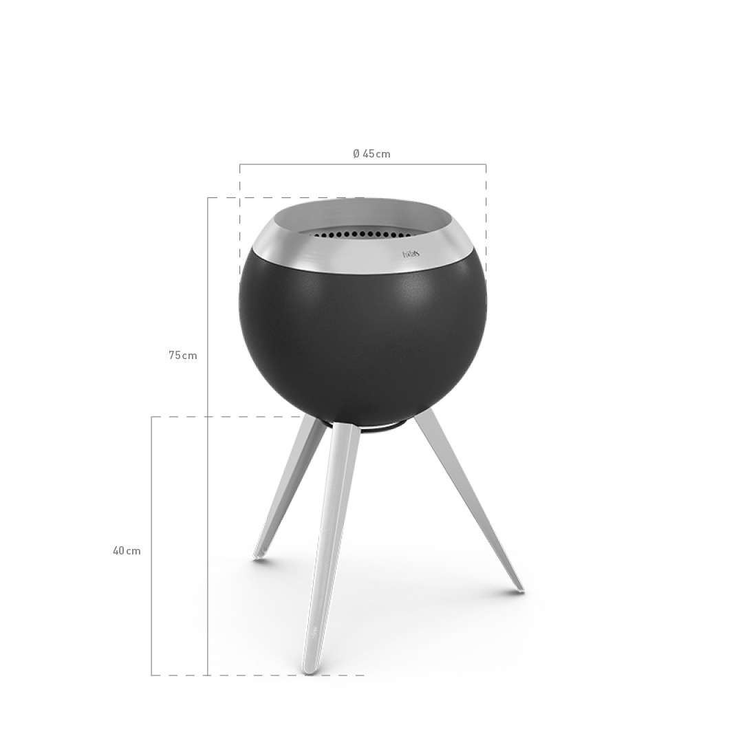 MOON 45 Fire basket with high stand Scene showing the charcoal charcoal grill is shown with a dimensions, where the 00717 Moon 45 with high stand stands out for its practical elegance.